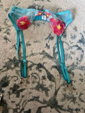 Victoria's Secret Turquoise Garter Belt with Pink Floral Accents